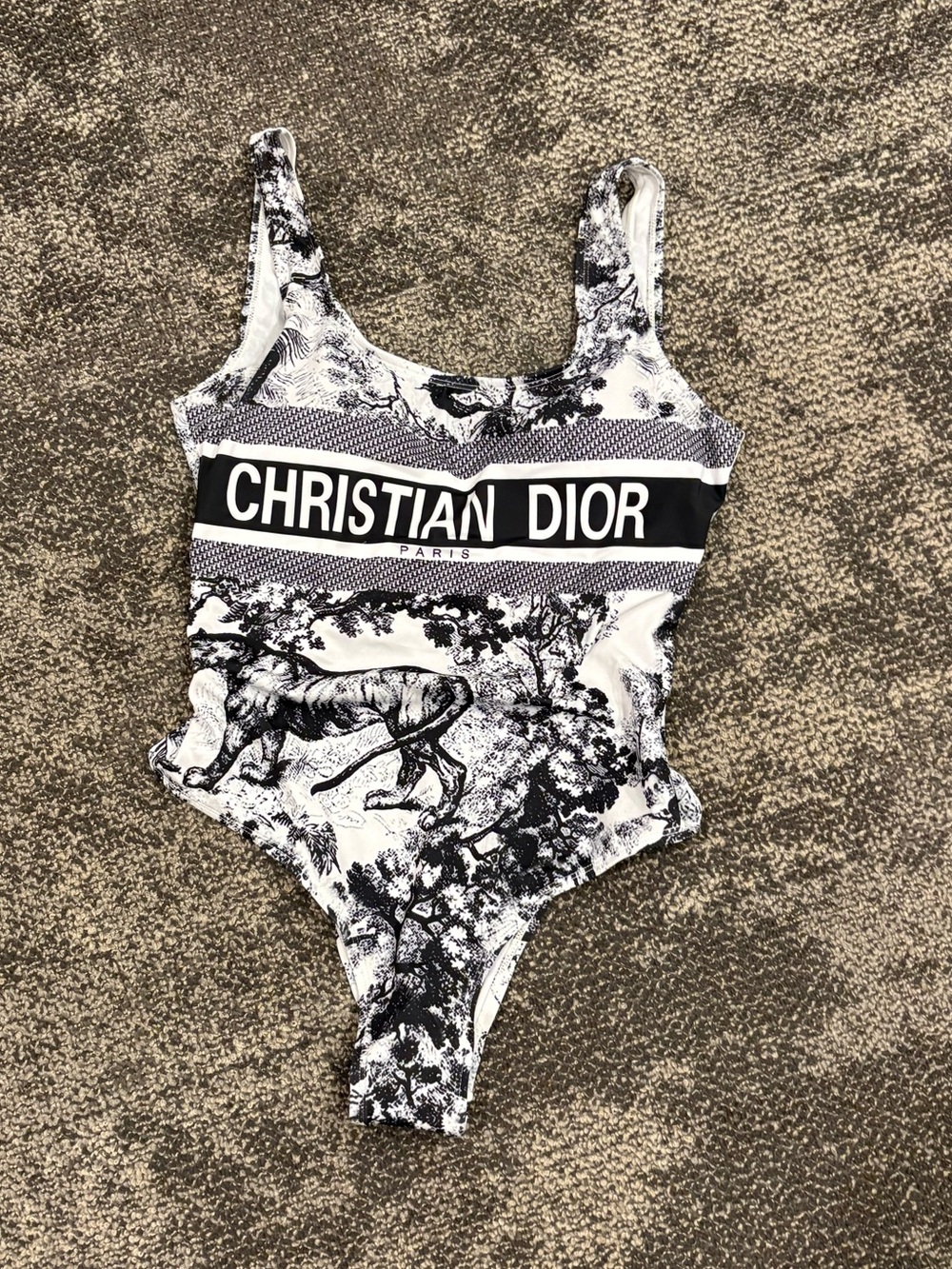 Black and White Toile Logo One-Piece Swim Bodysuit